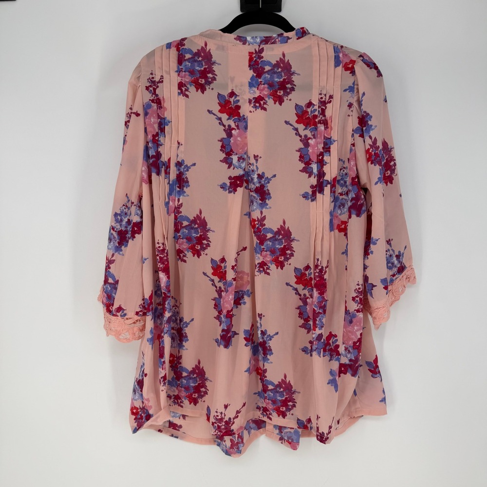 Roaman's Blouse Womens 16W Pink Floral Crochet Lace Pintuck Boho Cottagecore - Picture 2 of 7